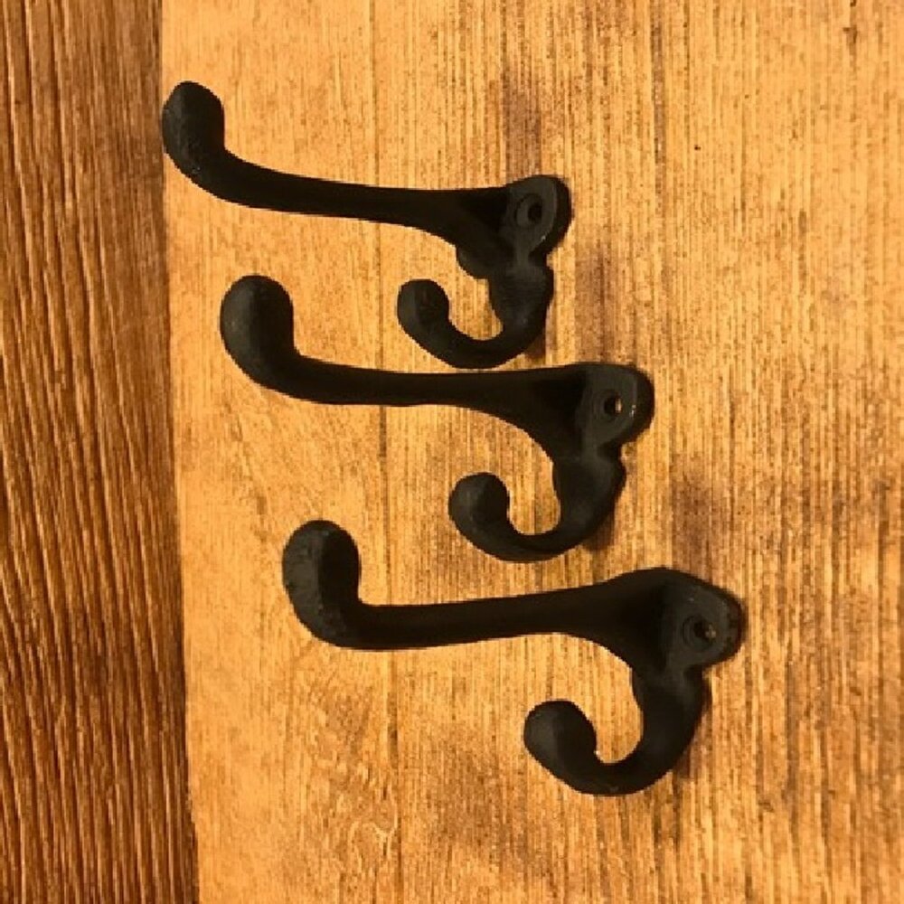 Three (3) Cast Iron Black 2 3/4" tall Double Wall Hooks Three (3) 0170-01202